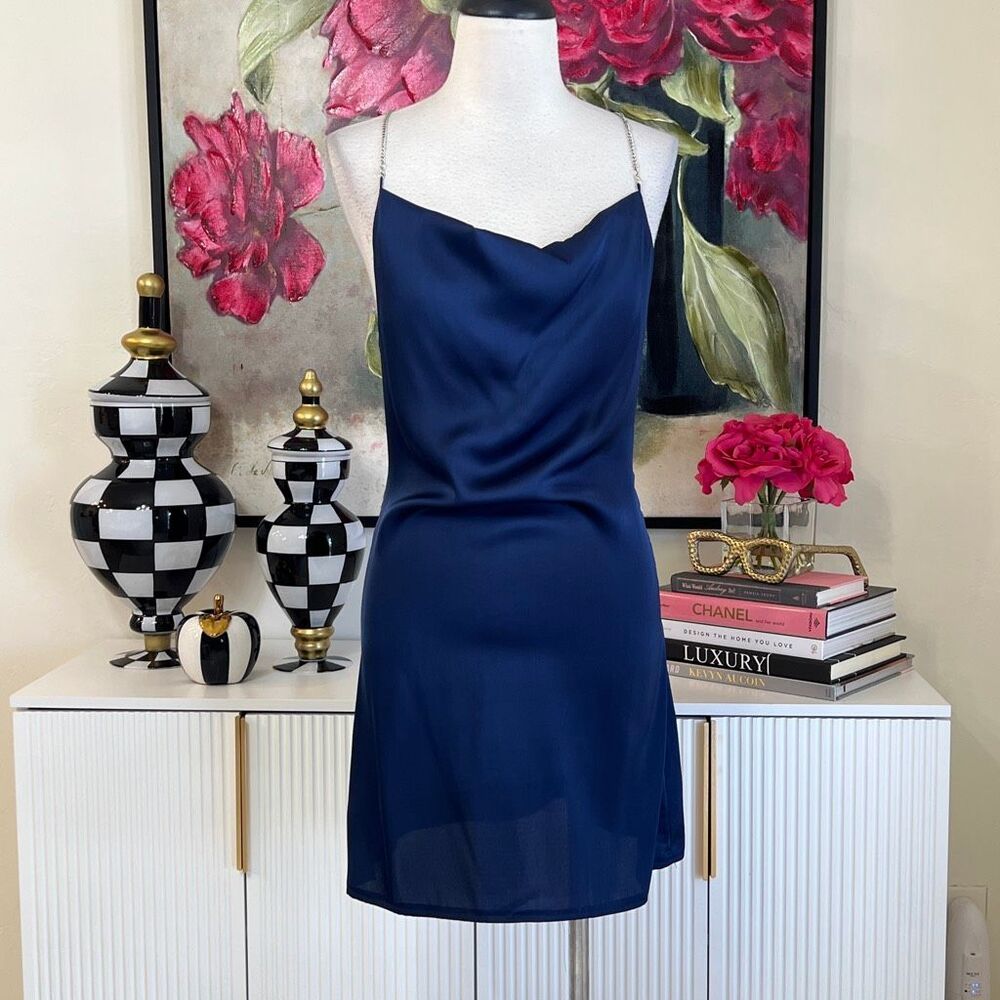 Romwe Women's Cowl Neck Chain Strap Open Back Mini Satin Dress Navy Small